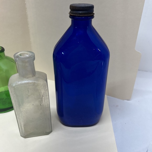 3 Vintage Bottles Antique Pharmacy / Medicine Bottles Cobalt Blue, Liquor Bottle - Picture 5 of 14